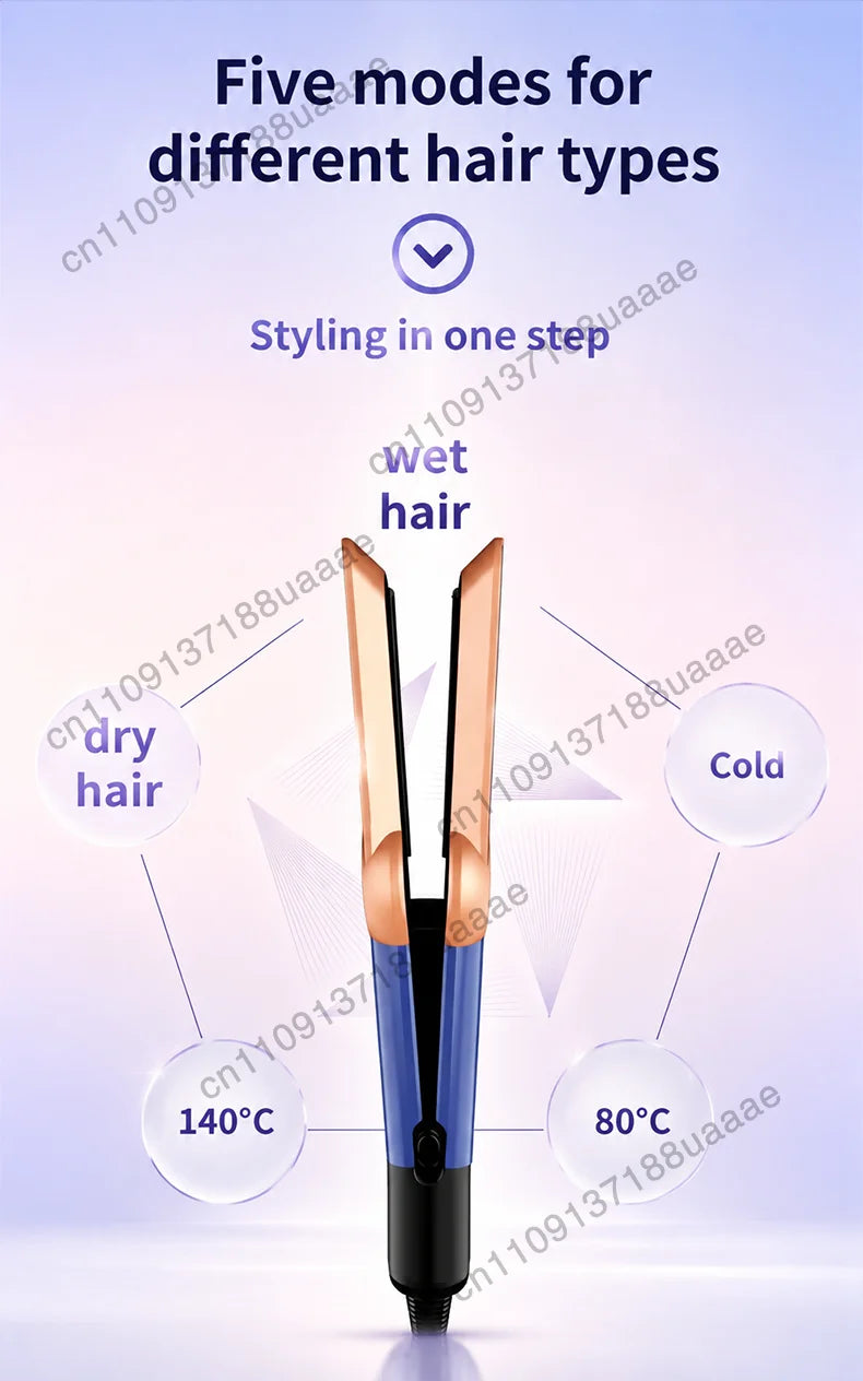 2-in-1 professional rose gold hair dryer and straightener with 5 heat modes for wet and dry styling.