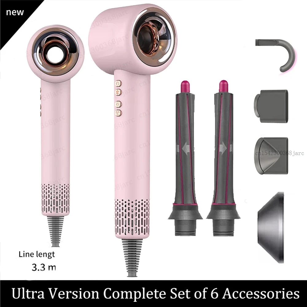 Pink professional leafless ionic hair dryer set with 6 styling attachments and 3.3m cord for salon-quality hair care.