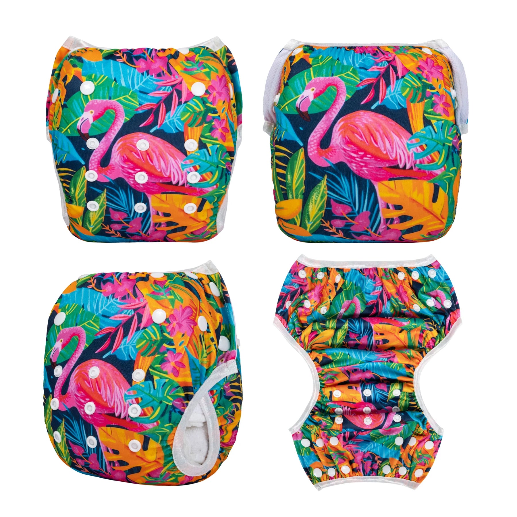 Reusable cloth baby diaper with adjustable snaps and colorful tropical flamingo jungle print.