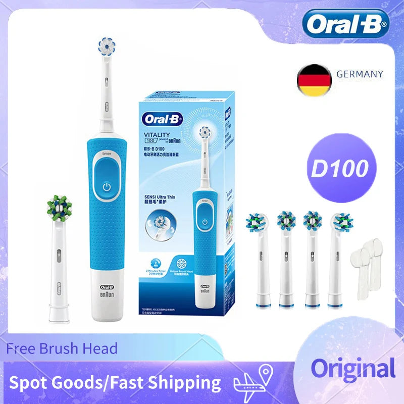 Oral B D100 2D Vitality Electric Toothbrush Timer 7600Rpm Cross Action Deep Cleaning and Whitening Teeth Tooth Brush