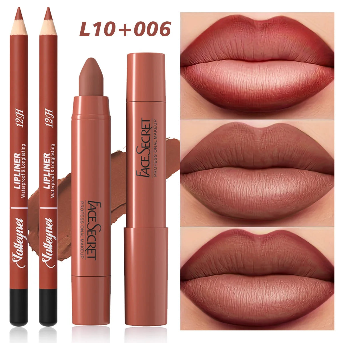 2pcs matte lip liner and velvet lipstick combo set in long-lasting nude brown shade for smooth, waterproof lip makeup.