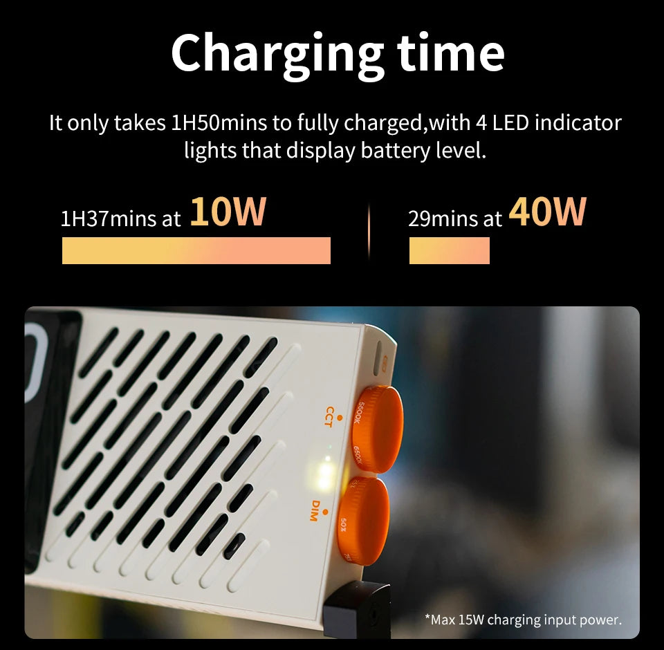 Off-white rectangular LED video light with side cooling vents, two orange control dials, and battery level indicator.