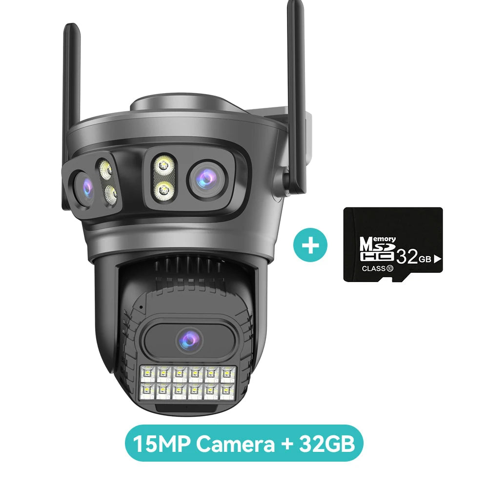 Outdoor PTZ camera with two antennas, three lenses, 15MP and 32GB microSD card