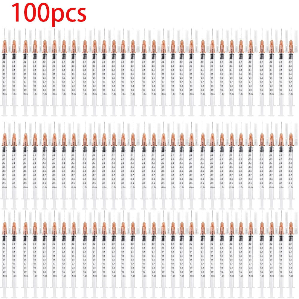 100-pack of 1ml plastic veterinary syringes for precise pet feeding, laboratory use, and liquid measuring.