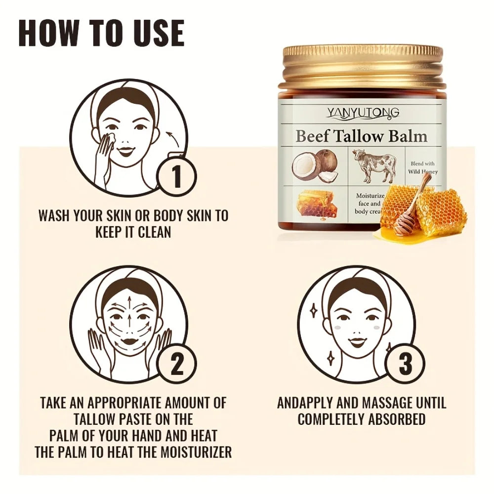 Beef Tallow Honey Balm Moisturizing Hydrating Face Cream Body Lotion Fades Fine Lines Tighten Soothen Brightening Facial Skin