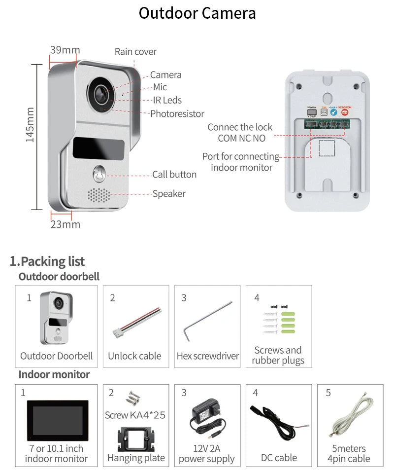 Support Tuya app WiFi visual intercom doorbell system 7/10 inch touch screen indoor monitoring intelligent villa home security