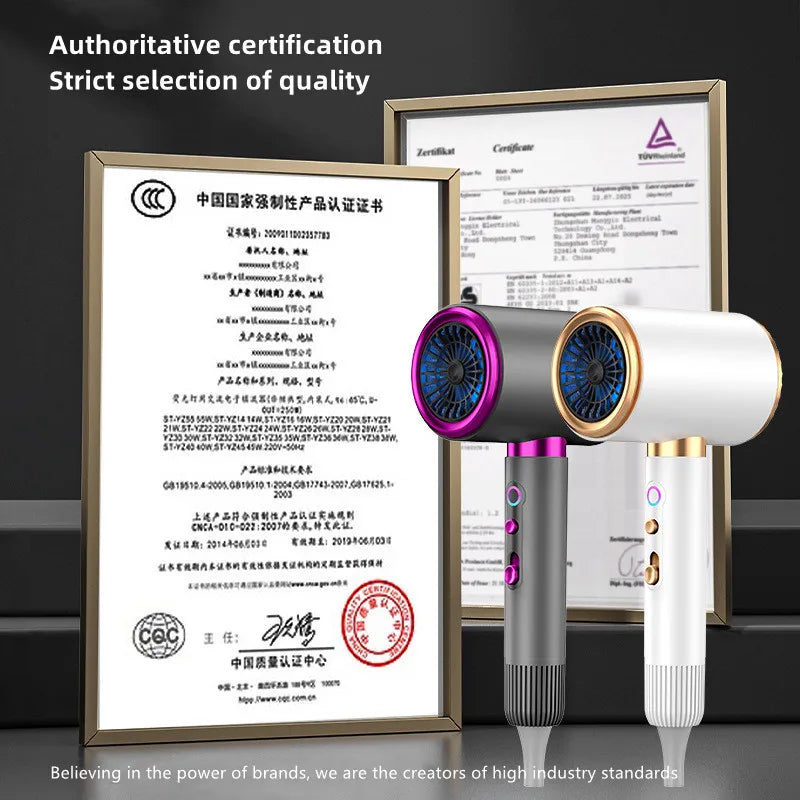 Grey and white 2400W high-speed negative ion hair dryer with gold accents and safety certification documents.
