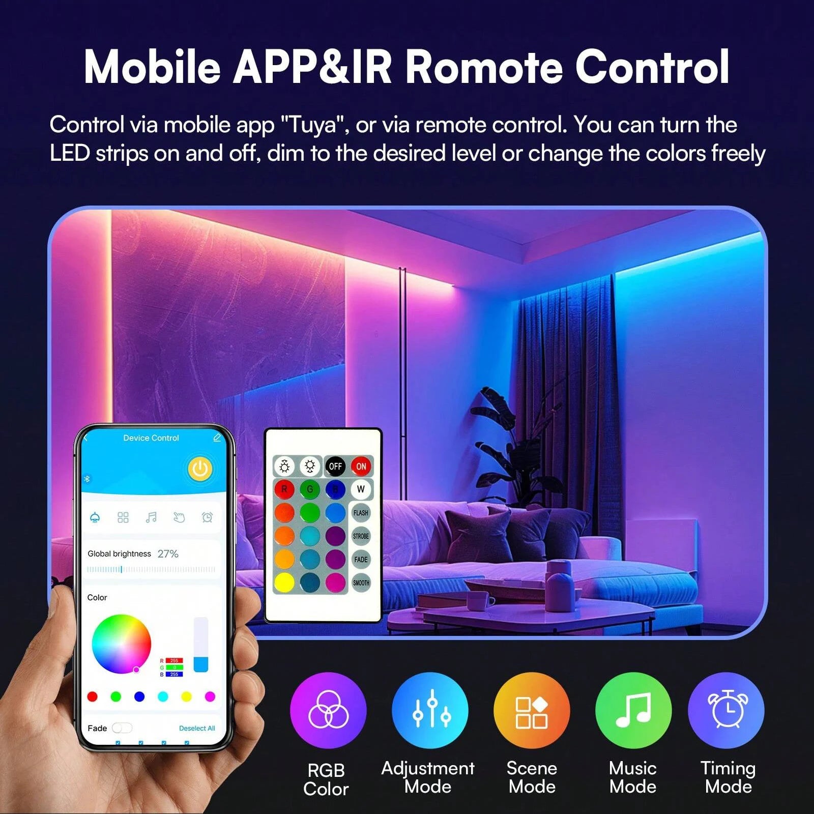 RGB LED Strip Lights, 5V USB Powered LED Tape,  24 Key Remote & APP Control, Music Sync Flexible Ambient Lighting for DIY Living Room, Bedroom,TV Backlight, Game Lighting,Party, Decorative String Lights