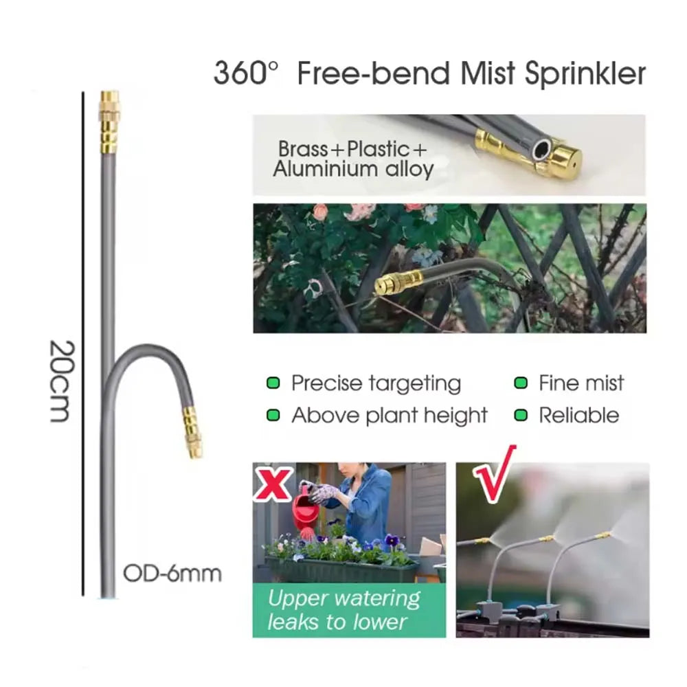 360° free-bend brass mist sprinkler with flexible gray pipe and adjustable spray tip.