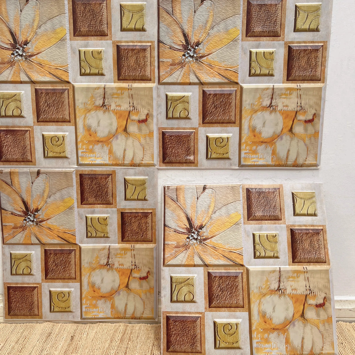 Farm animal and flower pattern peel-and-stick tile backsplash squares in warm tones