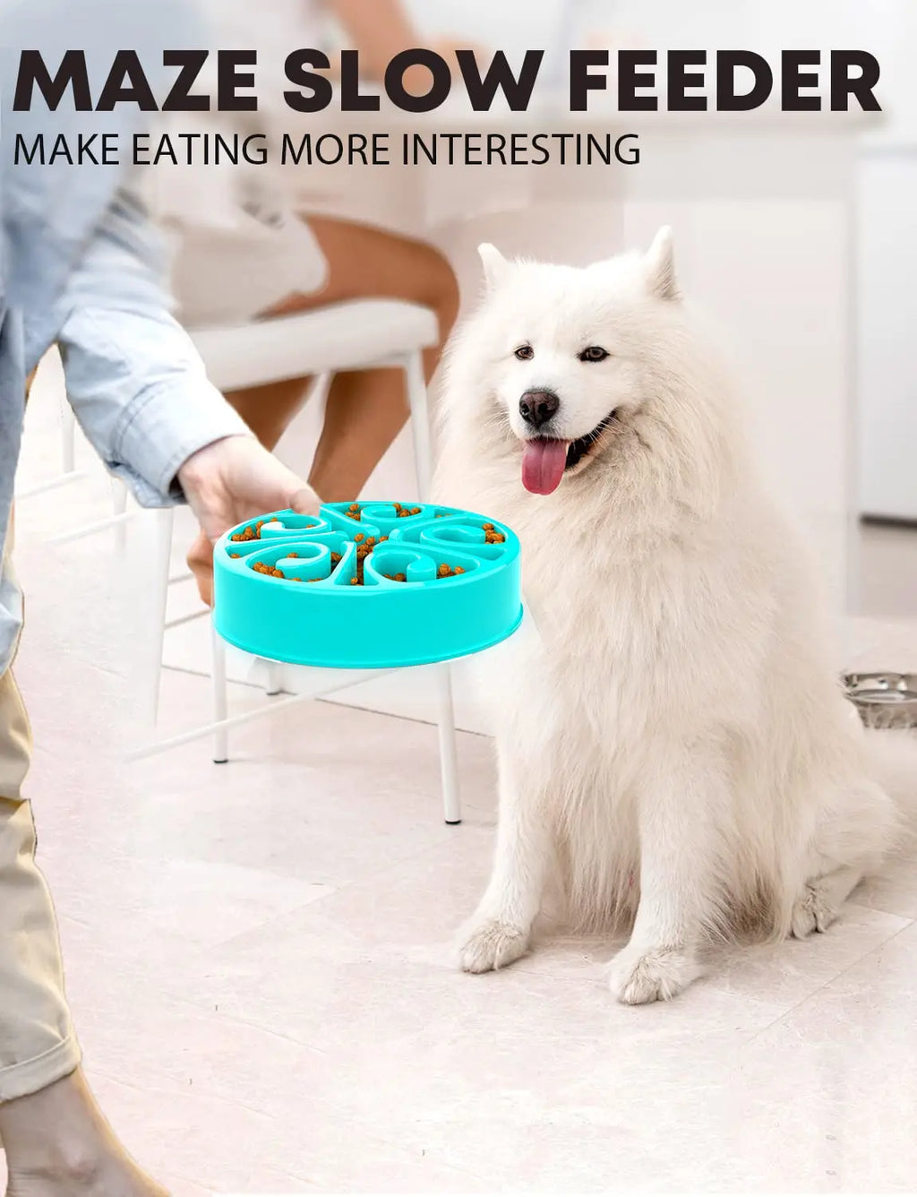 Turquoise non-slip maze slow feeder bowl for dogs to prevent bloating and promote healthy digestion.