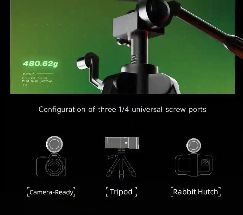Black camera mount with three 1/4-inch screw ports for mounting cameras, tripods, or phone cages. Weighs 480.62g.