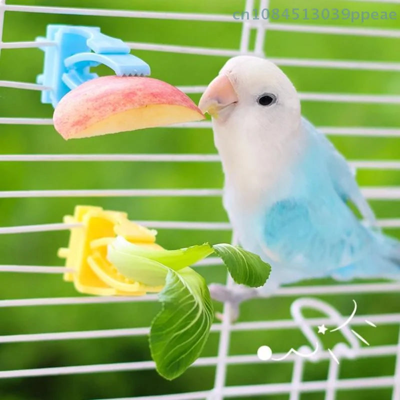 Blue and yellow plastic bird cage food clips holding fresh fruit and vegetables for a parakeet to eat.