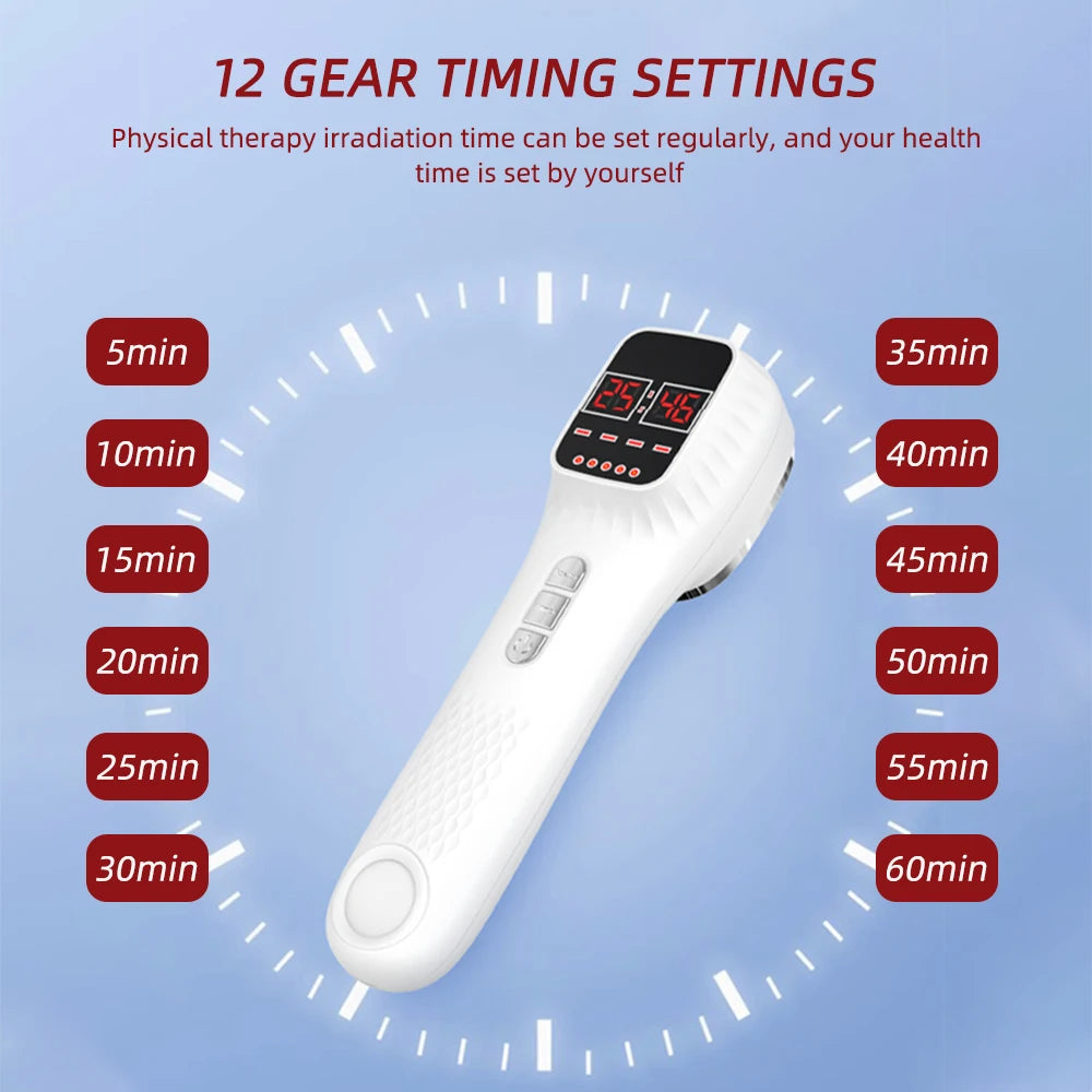 White handheld red light therapy device with a digital display surrounded by 12 timing settings from 5 to 60 minutes.
