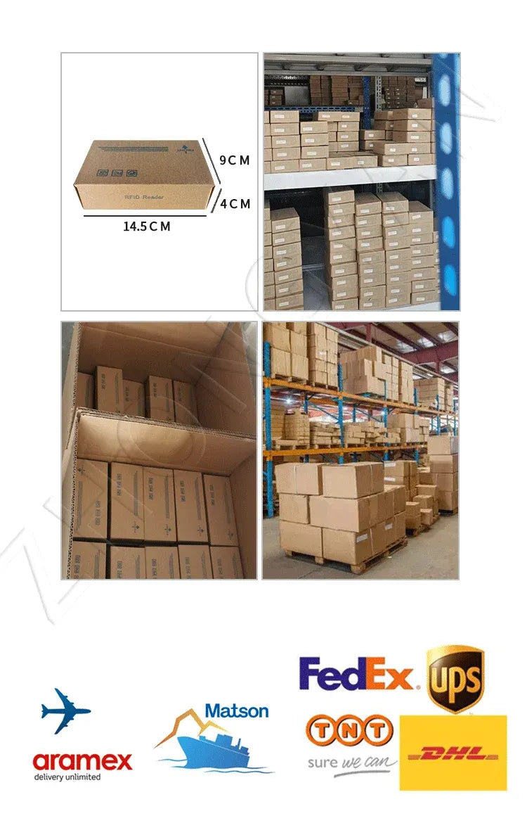 QR code reader module packed in cartons for shipping with logistics labels