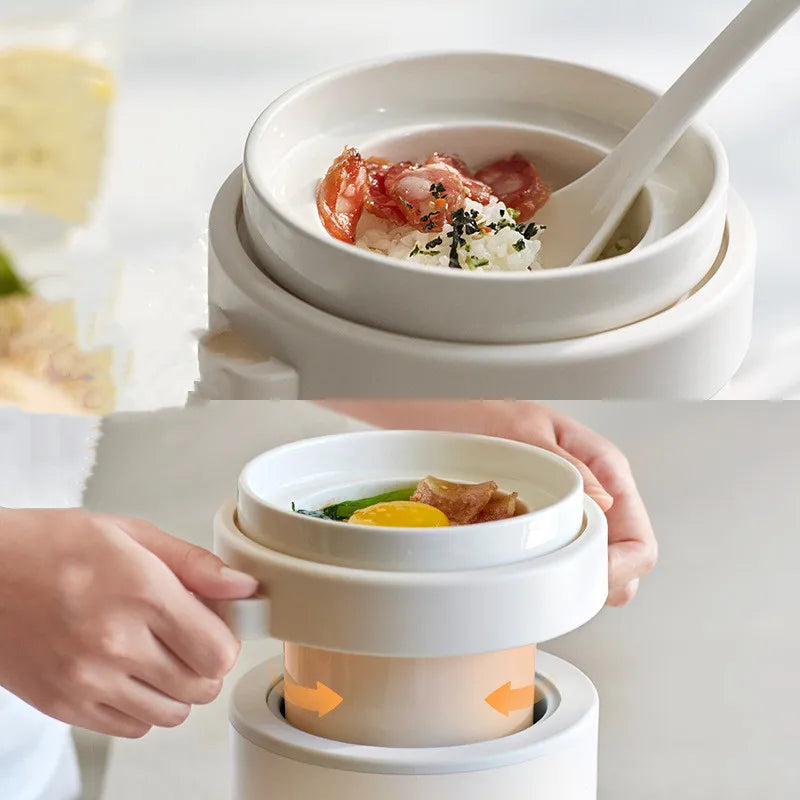 White mini electric lunch cooker open, showing rice and stew inside inner pot