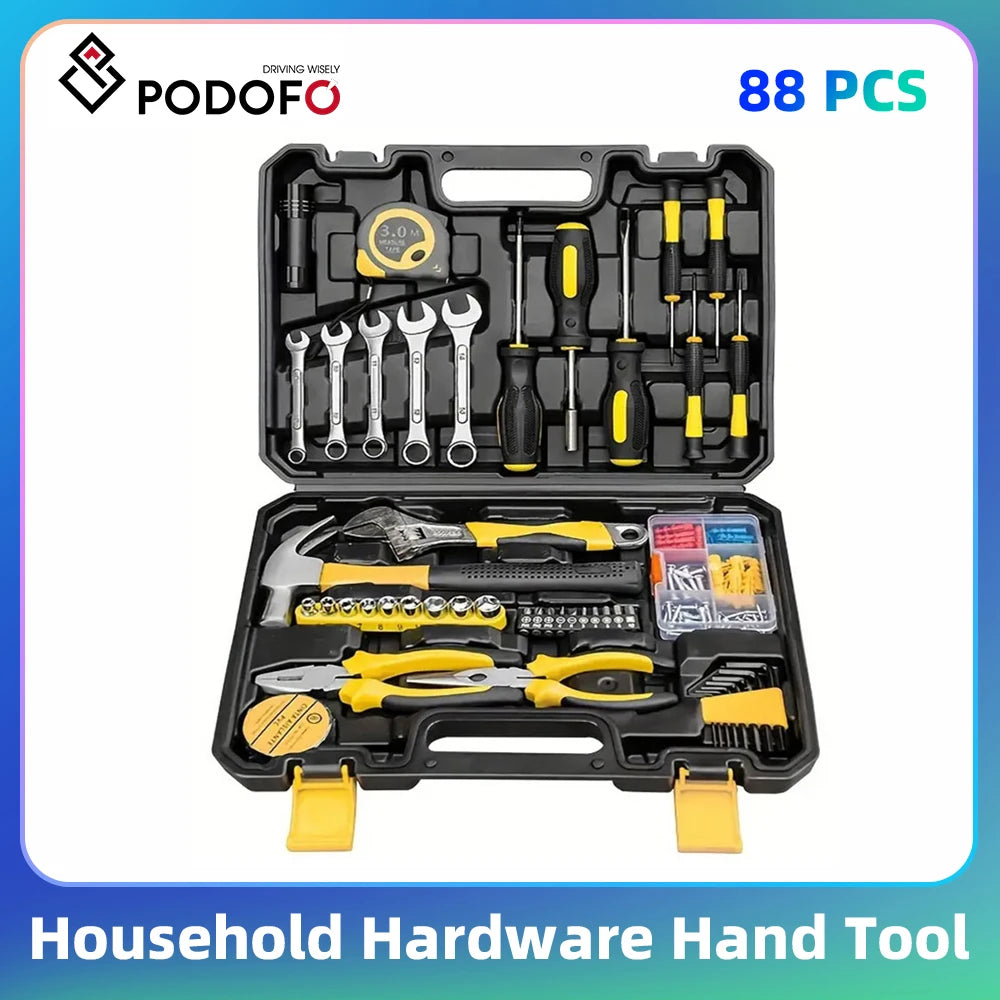 Podofo 88pcs Hand Tool Household Hardware Took Kit Auto Repairing Tool for Car Garage Home DIY Sockets Wrenches Screwdrivers Ratchets Handle Bits