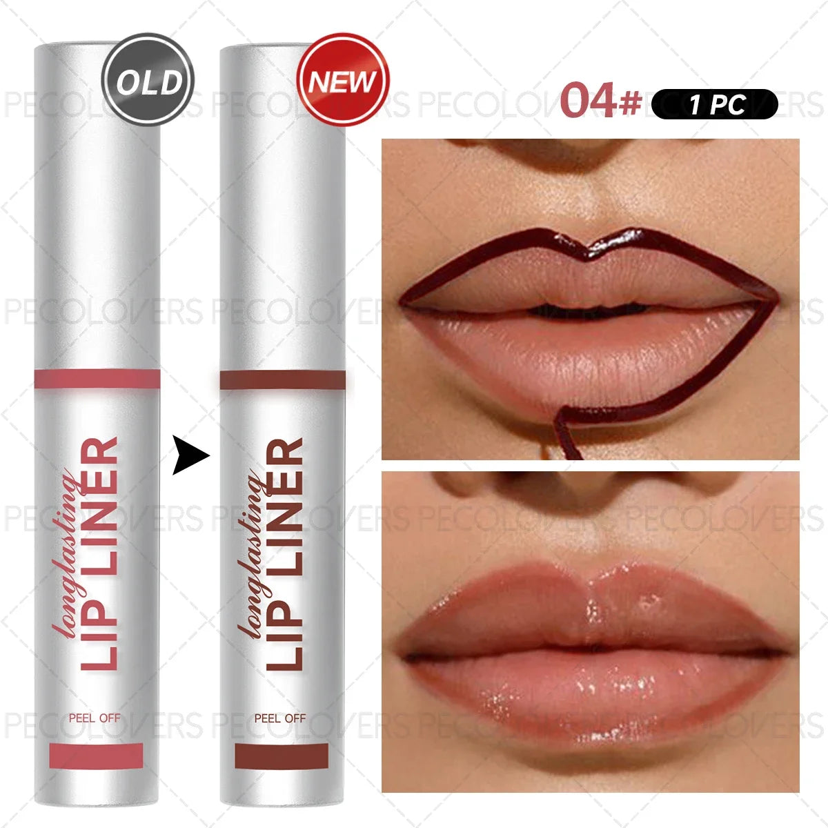 Peel-off matte lip liner 04# in waterproof, long-wearing formula showing brown pigment application and natural finish.