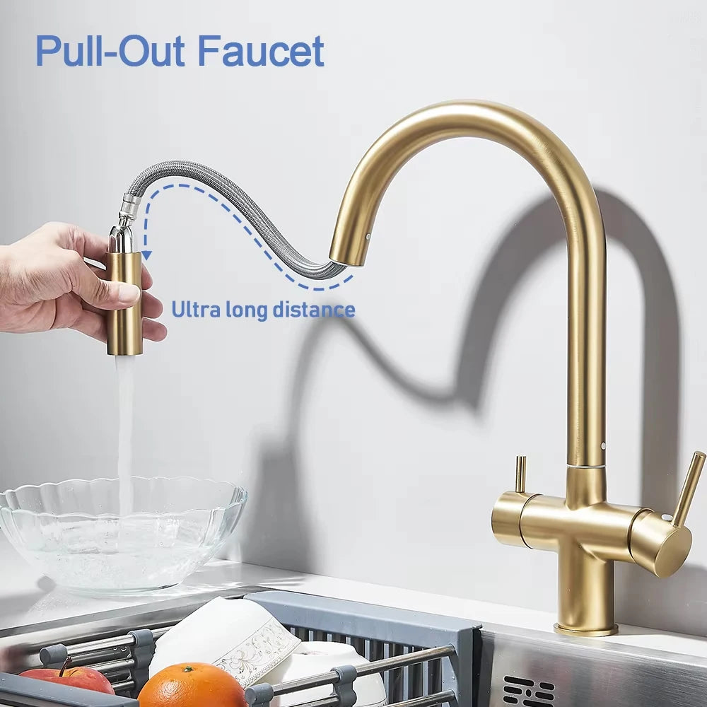 Filter Water Kitchen Faucet Pull Out Sprayer Head Deck Mounted Taps 360 Rotate Hot/Cold Water Mixers Dual Handle