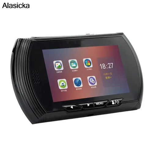 Smart digital door viewer camera with black display and app icons on the screen