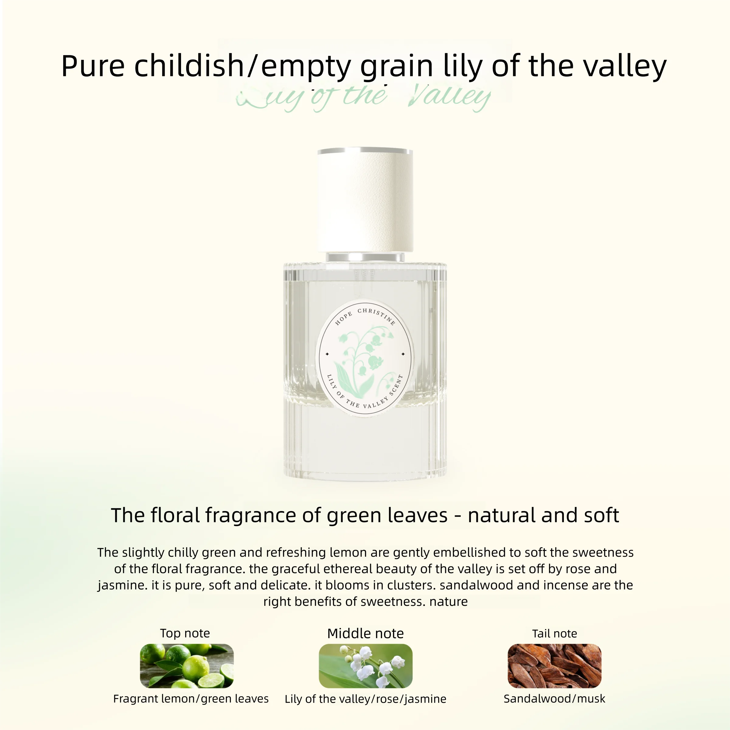 Hope Christine 50ml floral perfume for women. Lily of the valley, lemon, sandalwood scent in a round glass bottle.