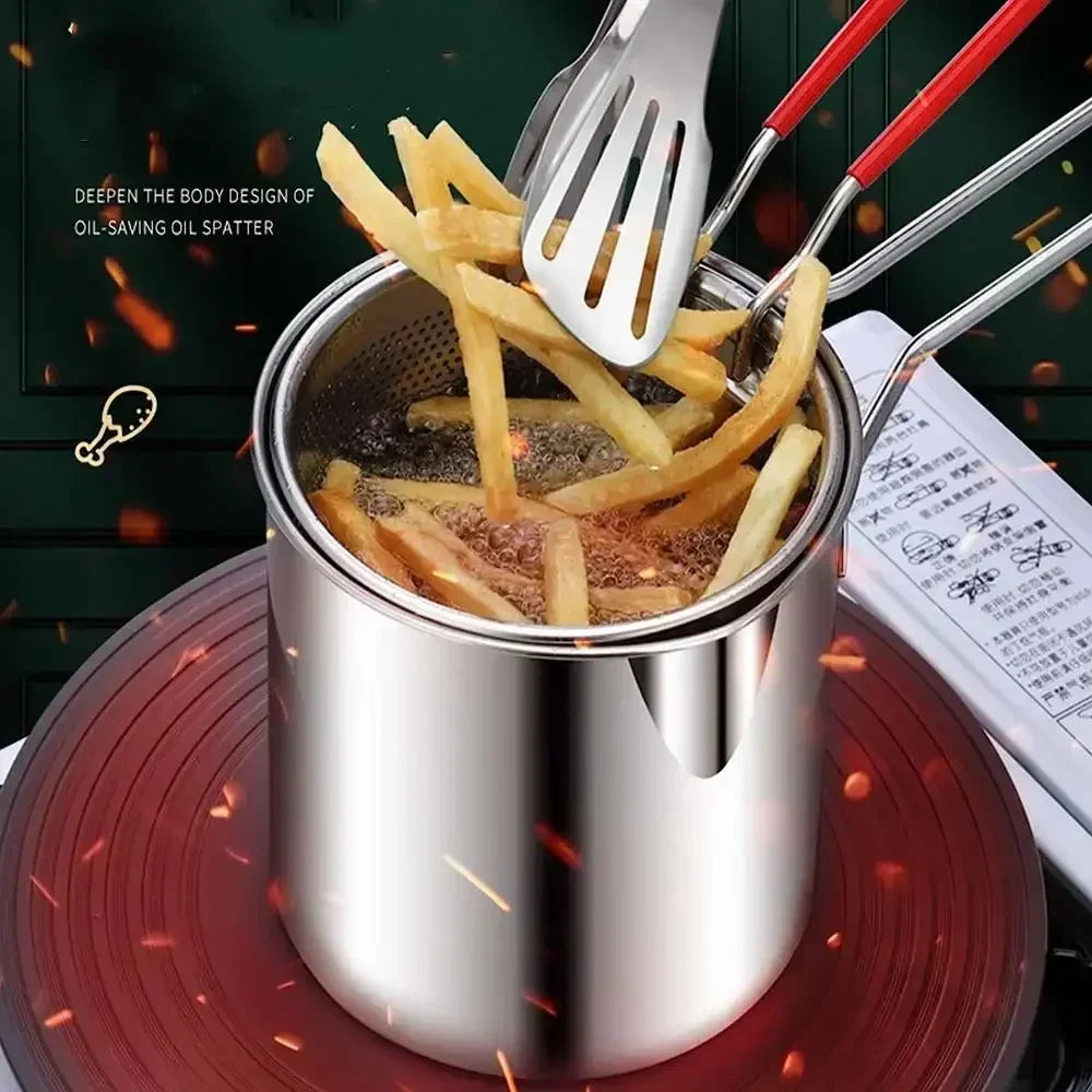 Stainless steel deep fryer pot with perforated basket holding fries and a fork