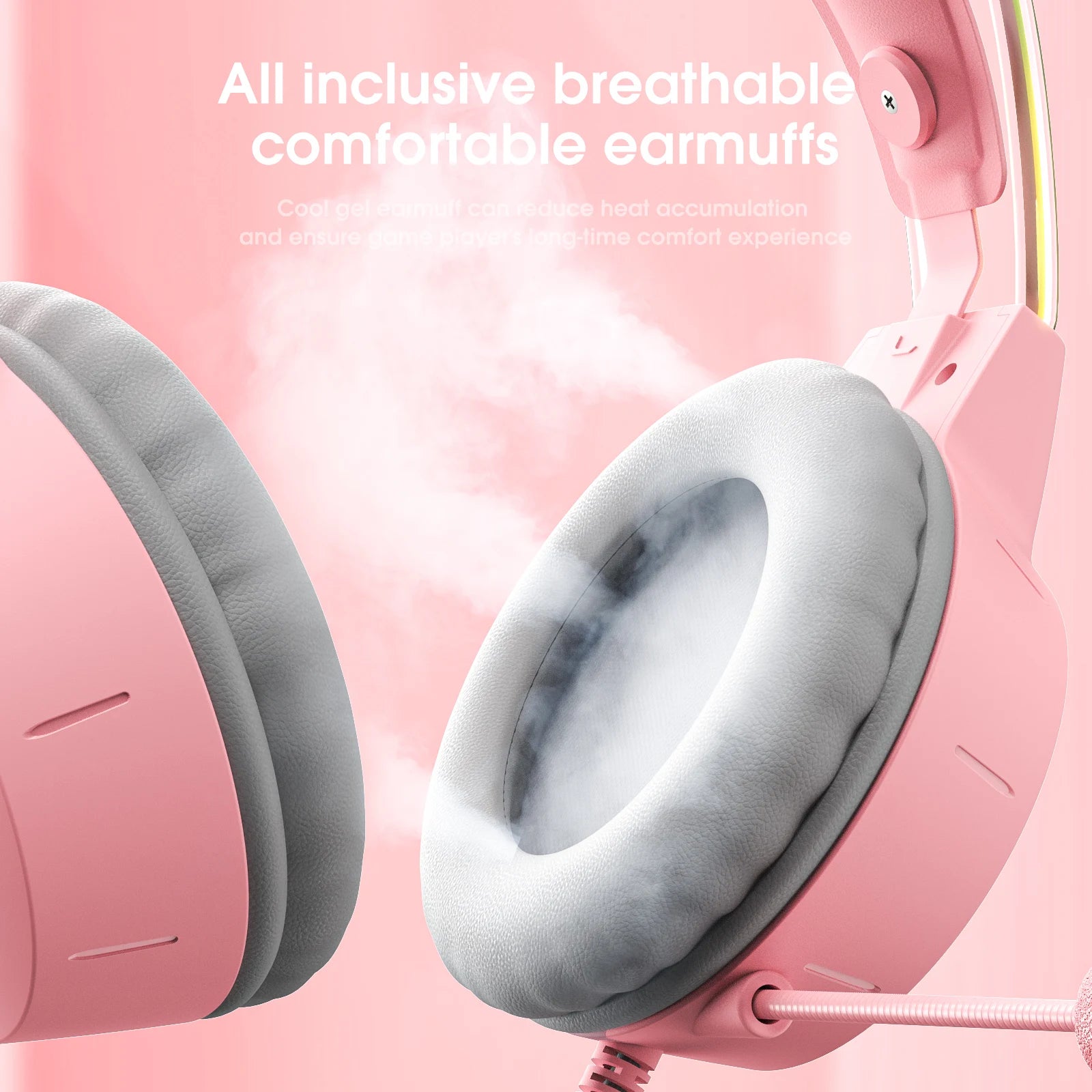 Pink Gaming Headphones with Cat Ears, RGB Mic, and Low Latency Audio Tidesmit