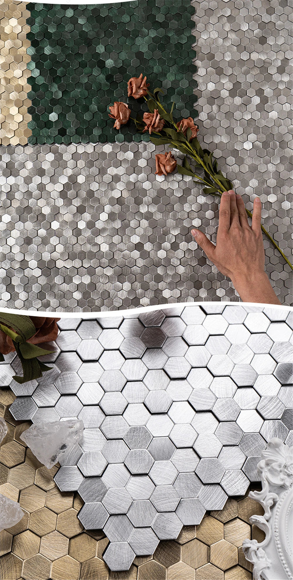 Luxury Metal Stainless Steel Wall Mosaic 3D Bathroom Mosaic Tile Aluminum Hexagon Mosaic Background Wall Sticker Self-adhesive