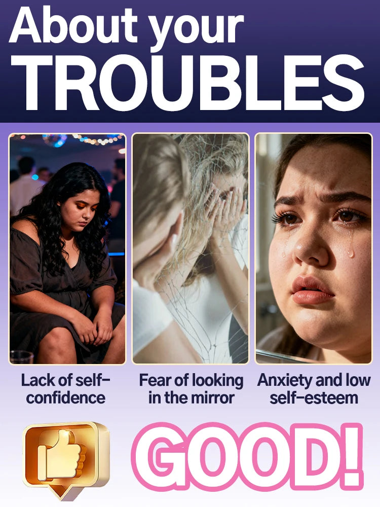 Three panels showing a sad woman, a person hiding face in a cracked mirror, and a crying face, labeled with text.