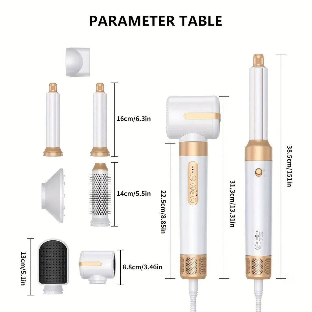 TINSOL 7-in-1 hair dryer and curling set in white and gold with multiple styling attachments and dimension specs.
