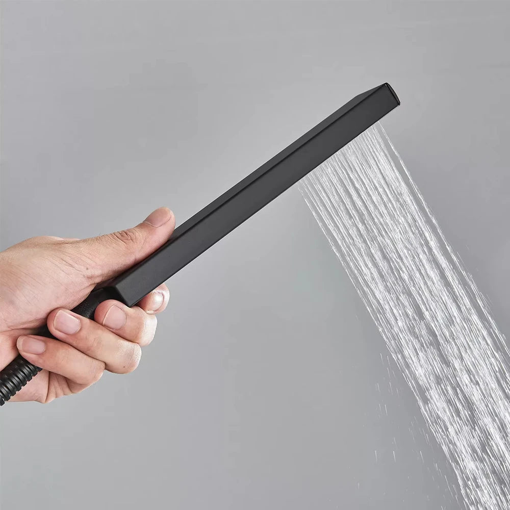 Matte Black Wall Mount Bathroom Shower Faucet 12/16" Rainfall Mixed Hot Cold Water Mixer Shower Tap with Hand Sprayer