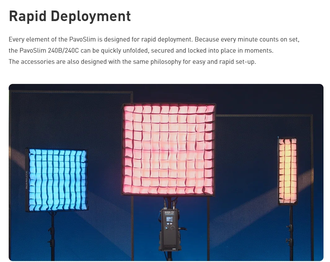 Three PavoSlim LED light panels with softbox grids, emitting blue, red, and yellow light on stands for studio lighting.