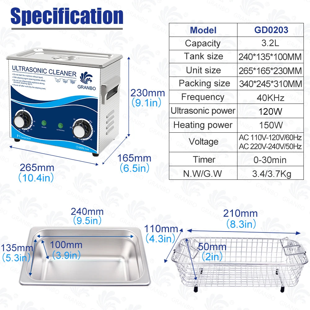 Tidesmit 3.2L Ultrasonic Cleaner with 180W heater for jewelry watches and PCB parts side profile view 25