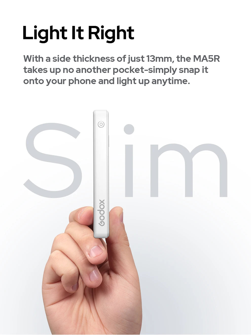 MA5R white rectangular magnetic phone light, 13mm thick, held in a hand for portable mobile photography lighting.