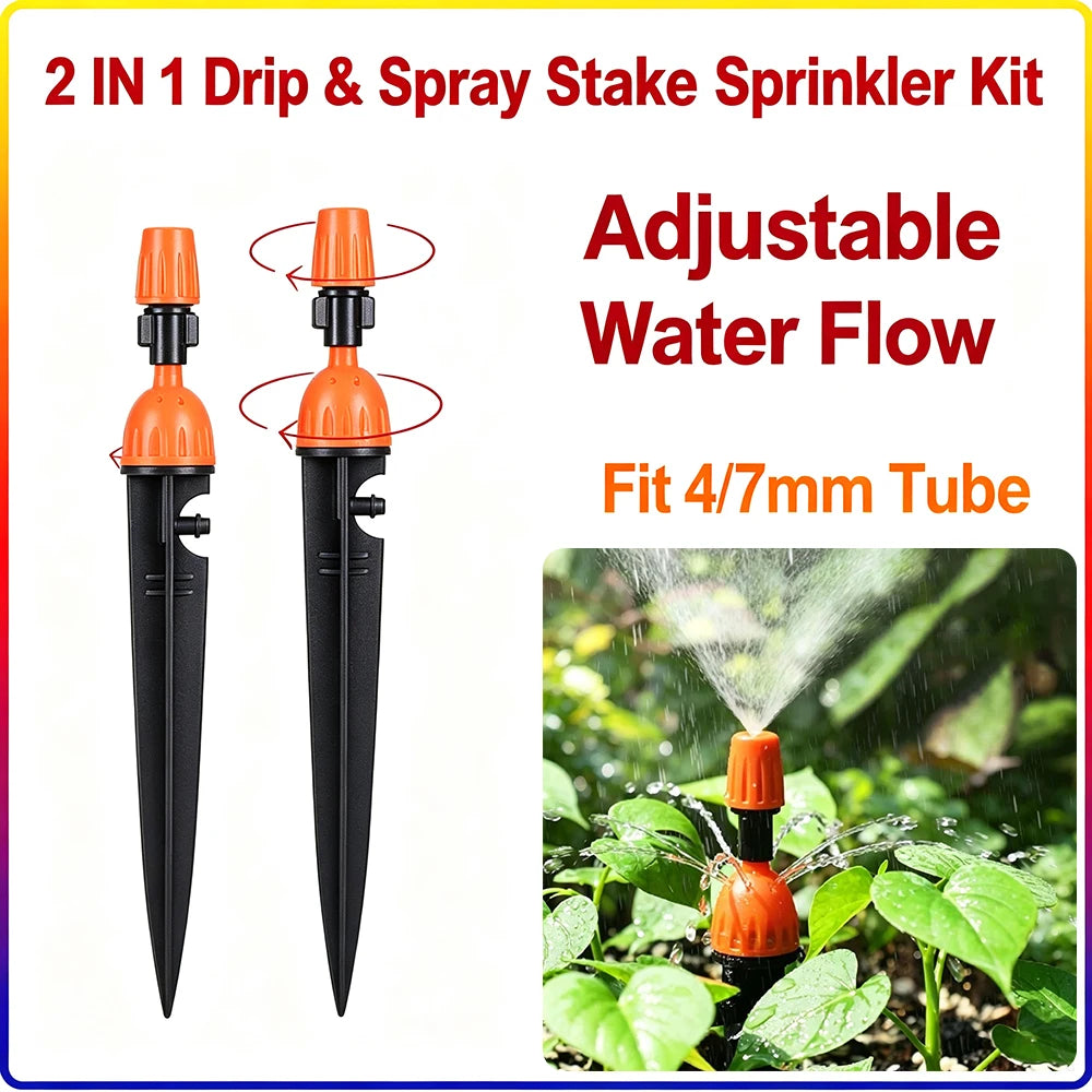 2in1 Adjustable Dripper Sprinkler Stake Nozzle Irrigation Emitter for 4/7mm Micro Tube Garden Yard Greenhouse Lawn Watering Sy