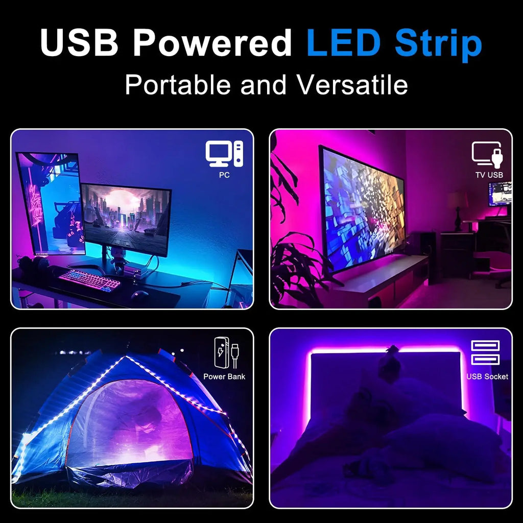 RGB LED Strip Lights, 5V USB Powered LED Tape,  24 Key Remote & APP Control, Music Sync Flexible Ambient Lighting for DIY Living Room, Bedroom,TV Backlight, Game Lighting,Party, Decorative String Lights