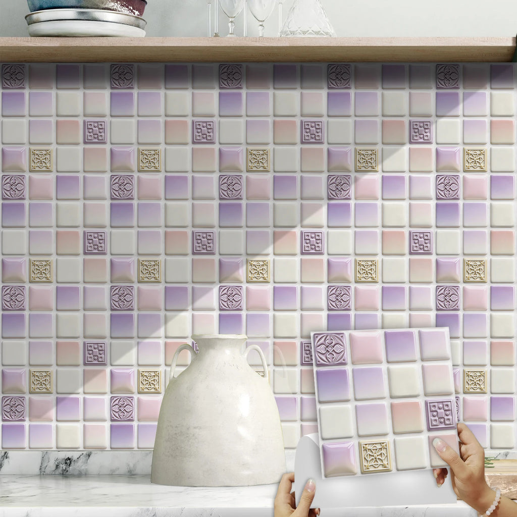 10pcs Flat Mosaic Tiles Sticker Set Kitchen Bathroom Wall Decals Gloss Waterproof Film 2D Surface Cover Transfers for Home Decor