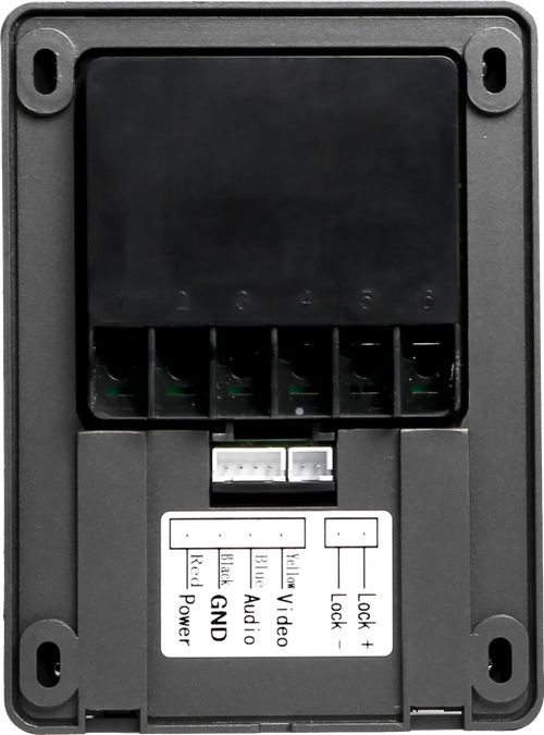 Outdoor intercom control module back with wiring terminals and labeled connection blocks