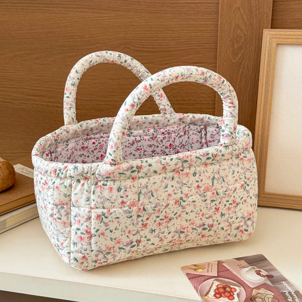 Airfriend Cute Pink Flower Organizers Basket With Handle Home Room Quilted Foldable Storage Basket For Pet Toys Organizer Basket