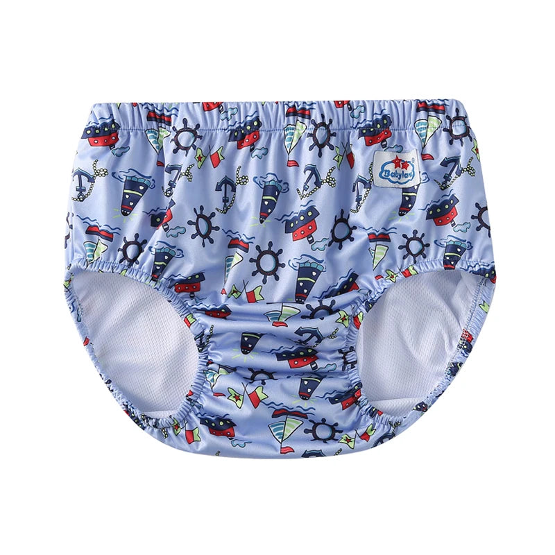 Babyland reusable swim diaper for babies featuring a blue nautical boat and anchor print pattern.
