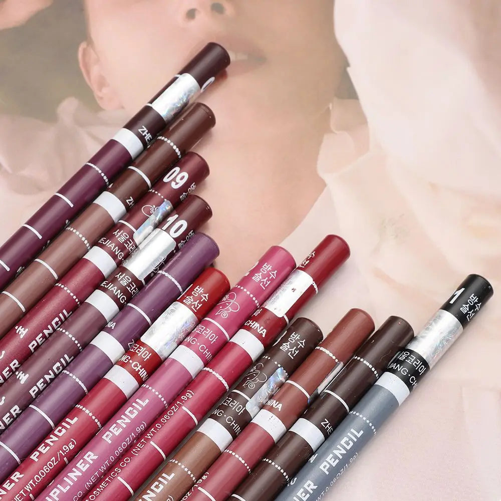 Professional waterproof wood lip liner pencils in assorted matte shades for long-lasting lip makeup.