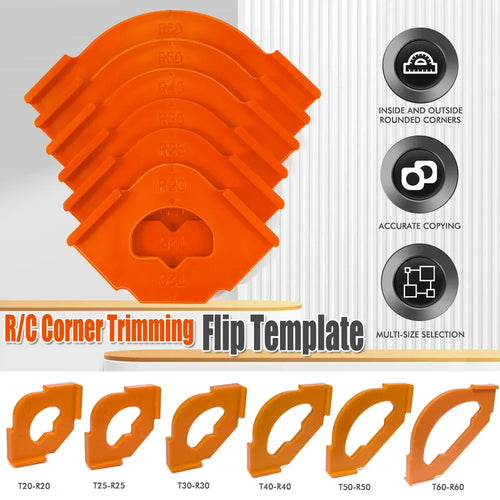Orange corner trimming flip template set with multiple rounded corner inserts
