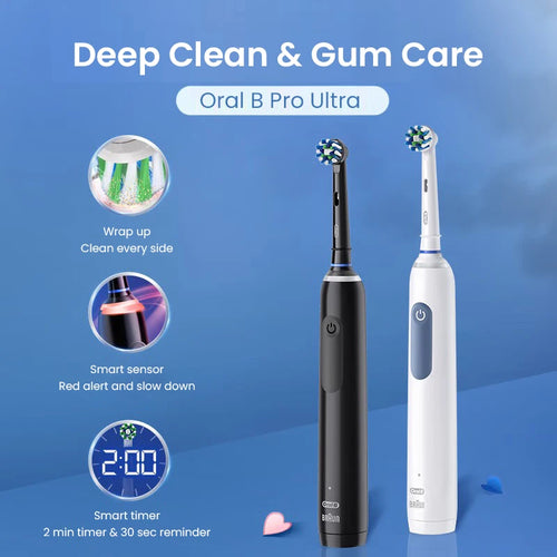 Oral B Pro Ultra AI toothbrush, side angle view of black and white models with smart timer, pressure sensor, 4 modes.