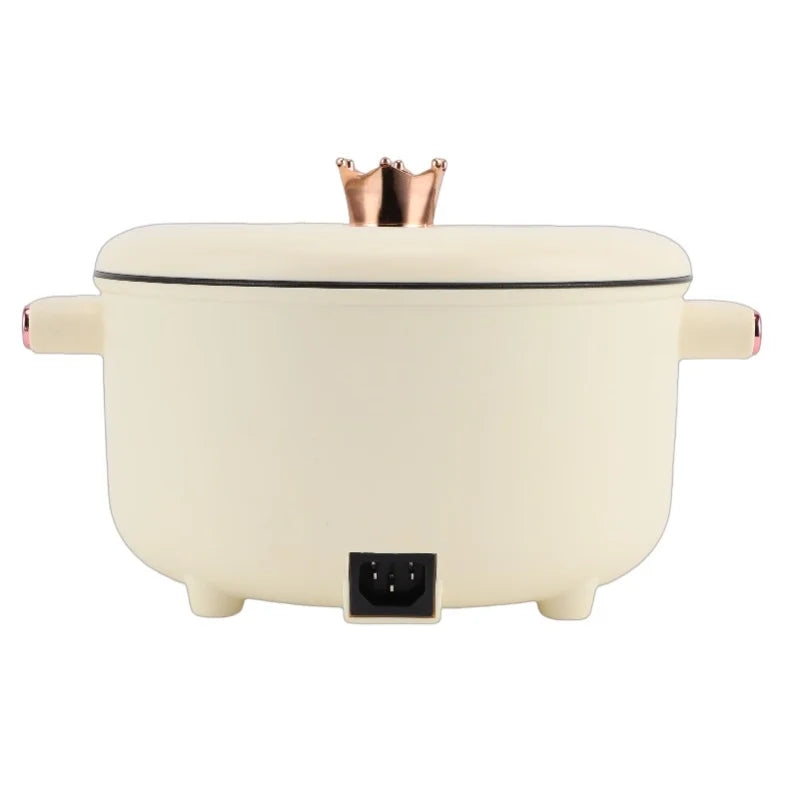 Cream electric cooking pot back view with side handles and black power inlet on base