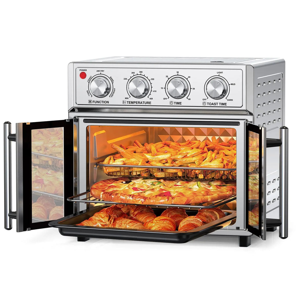 29.5 QT French Door Air Fryer Convection Toaster Oven, Extra Large 6 Slices, 1700W, Multifunction Oven for Air Fryer, Toast, Grill, Defrost, Bake, Time and Temperature Controls, Silver