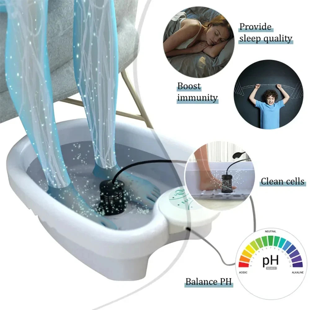Ionic detox foot spa bath machine with ion array for home health therapy, featuring white basin and pH balance charts.