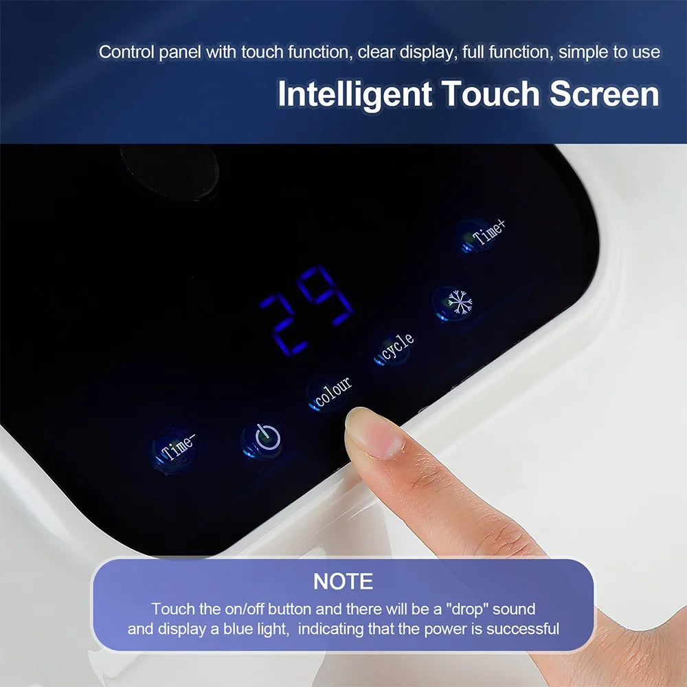 Close-up of a finger touching the black, digital LED control panel of a PDT light therapy facial mask device.