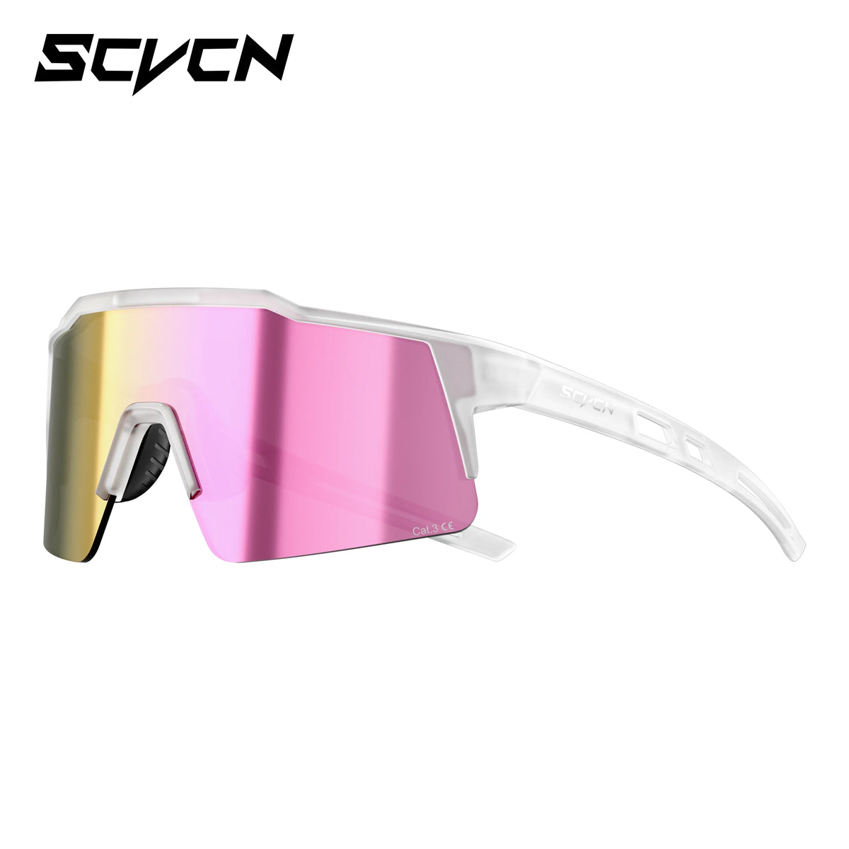 SCVCN photochromic cycling sunglasses with pink mirrored lens and clear frame