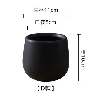 Ceramic flower pot planter, dark black rounded bowl shape with wide opening (size diagram)