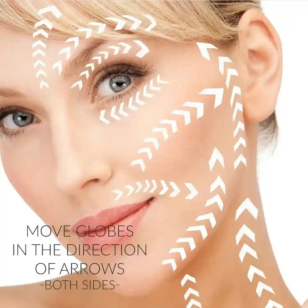 Close-up of a woman's face with white arrows indicating the massage direction for using facial ice globes.